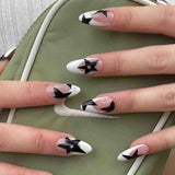 Xpoko 24pcs Black Star False Nail Tips y2k Style Fake Nails Manicure Set Almond False Nail Patch for Girl Women Wearable Full Cover