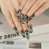 Xpoko 24Pcs Long Stiletto Press on Nails Box Acrylic False Nails with Almond Designs Black Gold Foil French Full Cover Fake Nail Tips