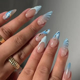 Xpoko 24pcs Long Almond Fake Nails with Blue Ocean Shells Designs Wearable Acrylic Fake Nails with Glue Full Cover French Nails Tips