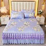 Xpoko European Luxury Bed Skirts Ice Silk Mat Skirt with Lace Macrame Queen Floral Sheet Bedspread Soft Bedding for Elegant Home Decor