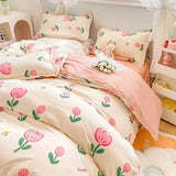 Xpoko Ins Retro Flower Bedding Set Flat Bed Sheet Pillowcase Twin Full Queen Size Bed Linen Women Girls Caramel Floral Duvet Cover Set