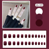 Xpoko 24pcs/Set Gorgeous Wine Red False Nails With Glue Middle Long Round Head Full Nail Tips Finished Fake Nail artificial nails