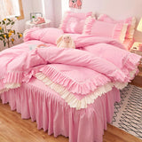 Xpoko Pink Lace Ruffle Bedding Set Luxury Bed Skirt Sheet Bedspread Korean Duvet Cover Girls Princess Bedspread Pillowcases