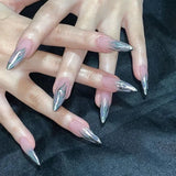 Xpoko 24Pcs Short French False Nails with Silver Edge Simple Nails Press on Acrylic Almond Ballerina Fake Nails Full Over Nail Tips