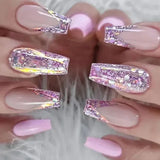 Xpoko 24Pcs Glitter Pink Gradient False Nails Wearable French Fake Nail with Rhinestone Designs Short Ballet Press on Nails Manicure