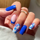 Xpoko 24Pcs Short Square Press on Nails Blue White Flower Design French False Nails Ballerina Wearable Full Cover Fake Nail Art Tips