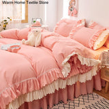 Xpoko Pink Lace Ruffle Bedding Set Luxury Bed Skirt Sheet Bedspread Korean Duvet Cover Girls Princess Bedspread Pillowcases