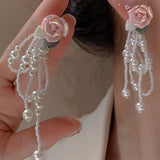 Xpoko Korean Fashion Pink Flower Pearl Tassel Earrings for Women Luxury Fairy Jewelry