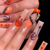 Xpoko New Halloween Fake Nails Patch Black Almond/Coffin Head Artificial Nail Tips Pumpkin Spider Ghost Printed Press on Nail for Girl