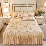 Xpoko European Luxury Bed Skirts Ice Silk Mat Skirt with Lace Macrame Queen Floral Sheet Bedspread Soft Bedding for Elegant Home Decor