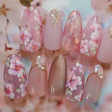 Xpoko 24Pcs Short Round Head Pink Fake Nails with Rose Flowers leaf Pattern Wearable Almond False Nail Full Cover Press on Nails Tips