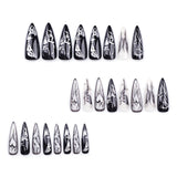 Xpoko 24pcs European Heavy Metal Fake Nails Black Butterfly False Nails Wearable Detachable Punk Style Long Pointed Press on Nail Tips