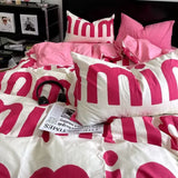 Xpoko Korean Style Pink Letter Bedding Set Flat Bed Sheet Pillowcase Twin Full Queen Size Bed Linen Women Girls Duvet Cover No Filling