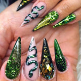 Xpoko 24Pcs Green Press on Fake Nails Glitter Cool False Nails Sequins Snake Print Artificial Nails Wearable Almond Stiletto Nail Tips