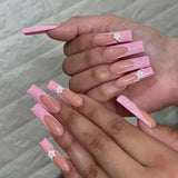 Xpoko 24pcs False Nails with glue butterfly design Long Coffin French Ballerina Fake Nails Full Cover acrylic Nail Tips Press On Nails