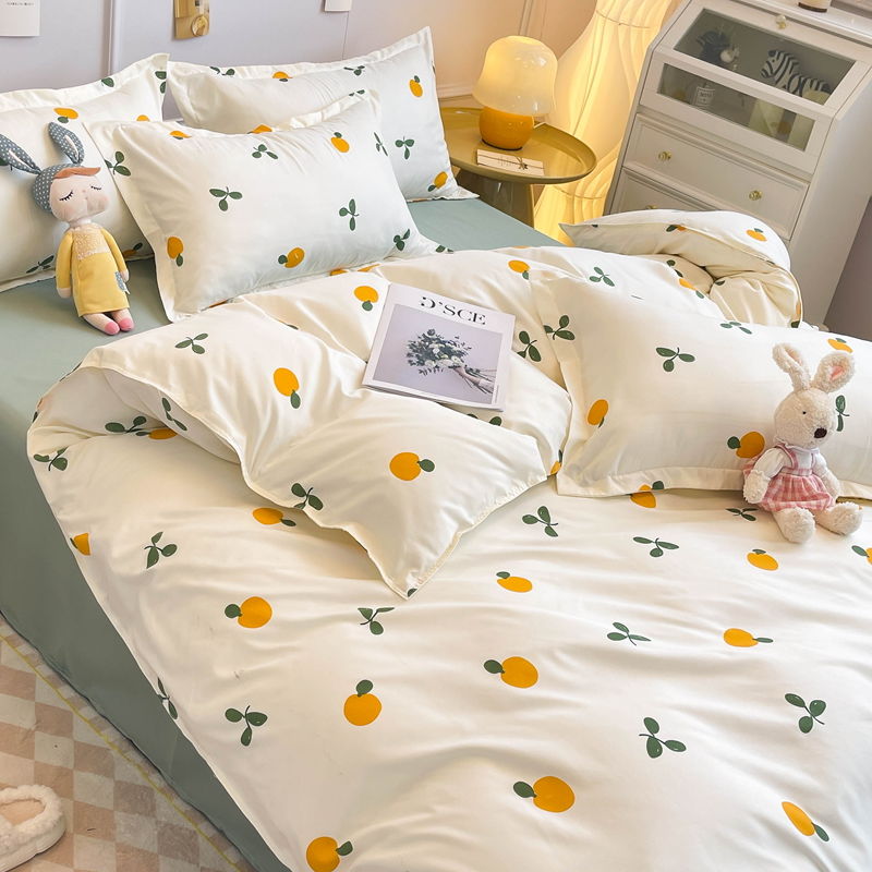 Xpoko Ins Style Duvet Cover Set with Flat Sheet Pillowcases Cute Orange Cherry Crow Printed Single Double Queen Size Girls Bedding Kit