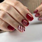 Xpoko 24pcs Shiny Red Press on Nail Christmas Snowflake Stripe Printed Fake Nail Tips Wearable Full Cover Almond Fake Nail Patch