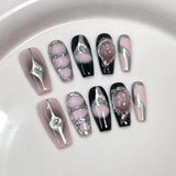 Xpoko 10pc Halloween Press on Nails Dark Sweet Cool False Nails with Cat Eye Metal Star Design Y2k Detachable Full Cover Fake Nail Tip