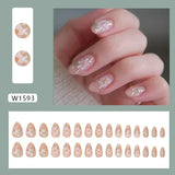 Xpoko 24Pcs Short Round Head Pink Fake Nails with Rose Flowers leaf Pattern Wearable Almond False Nail Full Cover Press on Nails Tips