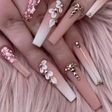 Xpoko 24Pcs Square Head False Nails Long Fake Nails White French Press on Nails Detachable Ballet Butterfly Flower Design Fake Nail