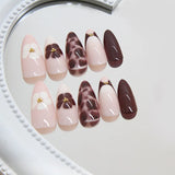 Xpoko 24pcs Autumn Brown French Fake Nails Sweet Cool Wearing False Nails Wearable Full Cover Leopard Print Almond Press on Nails