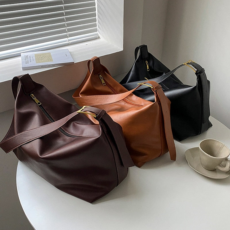 Xpoko Woman Shoulder Bag Casual Tote PU Leather Vintage Shopper Luxury Handbags For Women Large Capacity Solid Fashion Crossbody Bag