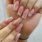 Xpoko 24Pcs Simple French False Nails Fashion Line Edge Fake Nails With Glue Full Cover Wearable Ballerina Tip Press on Nails Medium