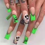 Xpoko New Halloween Fake Nails Patch Black Almond/Coffin Head Artificial Nail Tips Pumpkin Spider Ghost Printed Press on Nail for Girl