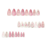 Xpoko 24Pcs Short Round Head Pink Fake Nails with Rose Flowers leaf Pattern Wearable Almond False Nail Full Cover Press on Nails Tips