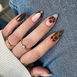 Xpoko 24pcs Autumn Brown French Fake Nails Sweet Cool Wearing False Nails Wearable Full Cover Leopard Print Almond Press on Nails