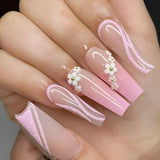 Xpoko 24Pcs Long Pink False Nails French Fake Nail with Camellia 3D Designs Detachable Press on Nails Coffin Ballet Full Over Nail Tip