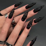 Xpoko 24pcs Halloween Fake Nails Black Red Gradient False Nails Dark Halo Wave Artificial Nails Wearable Long Stiletto Nail with Glue