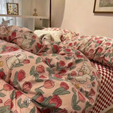 Xpoko Ins Retro Flower Bedding Set Flat Bed Sheet Pillowcase Twin Full Queen Size Bed Linen Women Girls Caramel Floral Duvet Cover Set