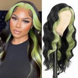 Xpoko Halloween Black and Green Highlight Synthetic Lace Wigs For Women Middle Part Natural Hairline 30 inches For Daily Cosplay Party