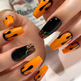 Xpoko New Halloween Fake Nails Patch Black Almond/Coffin Head Artificial Nail Tips Pumpkin Spider Ghost Printed Press on Nail for Girl