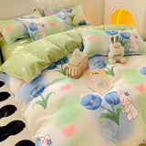 Xpoko Ins Blue Flower Duvet Cover Set Soft Flat Sheet Quilt Cover Pillowcase Bed Linen Girls Twin Queen Full Size Fashion Bedding Sets