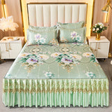 Xpoko European Luxury Bed Skirts Ice Silk Mat Skirt with Lace Macrame Queen Floral Sheet Bedspread Soft Bedding for Elegant Home Decor