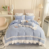 Xpoko Elegant Lace Bedding Sets Luxury Bed Linen Princess Washed Cotton Ruffle Duvet Cover Bed Sheet and Pillowcases for Girl Luxury