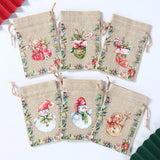 Xpoko 6pcs Christmas Linen Burlap Bag Snowman Gingerbread Man Bell Drawstring Gift Bags Candy Storage Bags Xmas Supplies New Year 2024