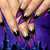 Xpoko 24pcs Halloween Fake Nails Black Red Gradient False Nails Dark Halo Wave Artificial Nails Wearable Long Stiletto Nail with Glue