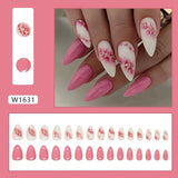 Xpoko 24Pcs Short Round Head Pink Fake Nails with Rose Flowers leaf Pattern Wearable Almond False Nail Full Cover Press on Nails Tips