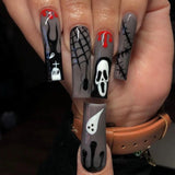 Xpoko New Halloween Fake Nails Patch Black Almond/Coffin Head Artificial Nail Tips Pumpkin Spider Ghost Printed Press on Nail for Girl