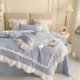 Xpoko Elegant Lace Bedding Sets Luxury Bed Linen Princess Washed Cotton Ruffle Duvet Cover Bed Sheet and Pillowcases for Girl Luxury