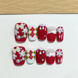 Xpoko 10Pcs Christmas Red Lovely Press on Fake Nails Embossed Snowflake Bow Detachable False Nail Short Square Full Cover Manicure Tip