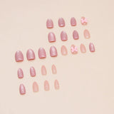 Xpoko 24pcs Korean Sweet False Nails Pink Bow Design Glossy Press on Nails Wearable Detachable Almond Fake Nail Tips For Girls Lady