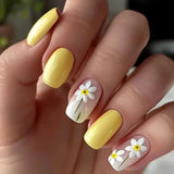 Xpoko 24Pcs Short Square Head Fake Nails Yellow False Nails with Flowers Simple French Tips Wearable Summer Full Cover Press on Nails