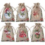 Xpoko 6pcs Christmas Linen Burlap Bag Snowman Gingerbread Man Bell Drawstring Gift Bags Candy Storage Bags Xmas Supplies New Year 2024