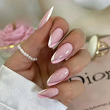 Xpoko 24Pcs Pink Almond False Nails Shiny Golden Ripples Stiletto Fake Nails Detachable Oval Full Cover Press on Nails Tips Manicure