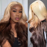 Xpoko Ombre Blonde to Brown Highlight Long Body Wave Synthetic Lace Wigs For Women Pre Plucked With Baby Hair T Part Wig Party