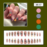 Xpoko 24Pcs Short Round Head Pink Fake Nails with Rose Flowers leaf Pattern Wearable Almond False Nail Full Cover Press on Nails Tips